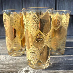 Ned Harris CERA 22K Gold Pineapple Highball Cocktail Tumbler Glasses Set Of 7